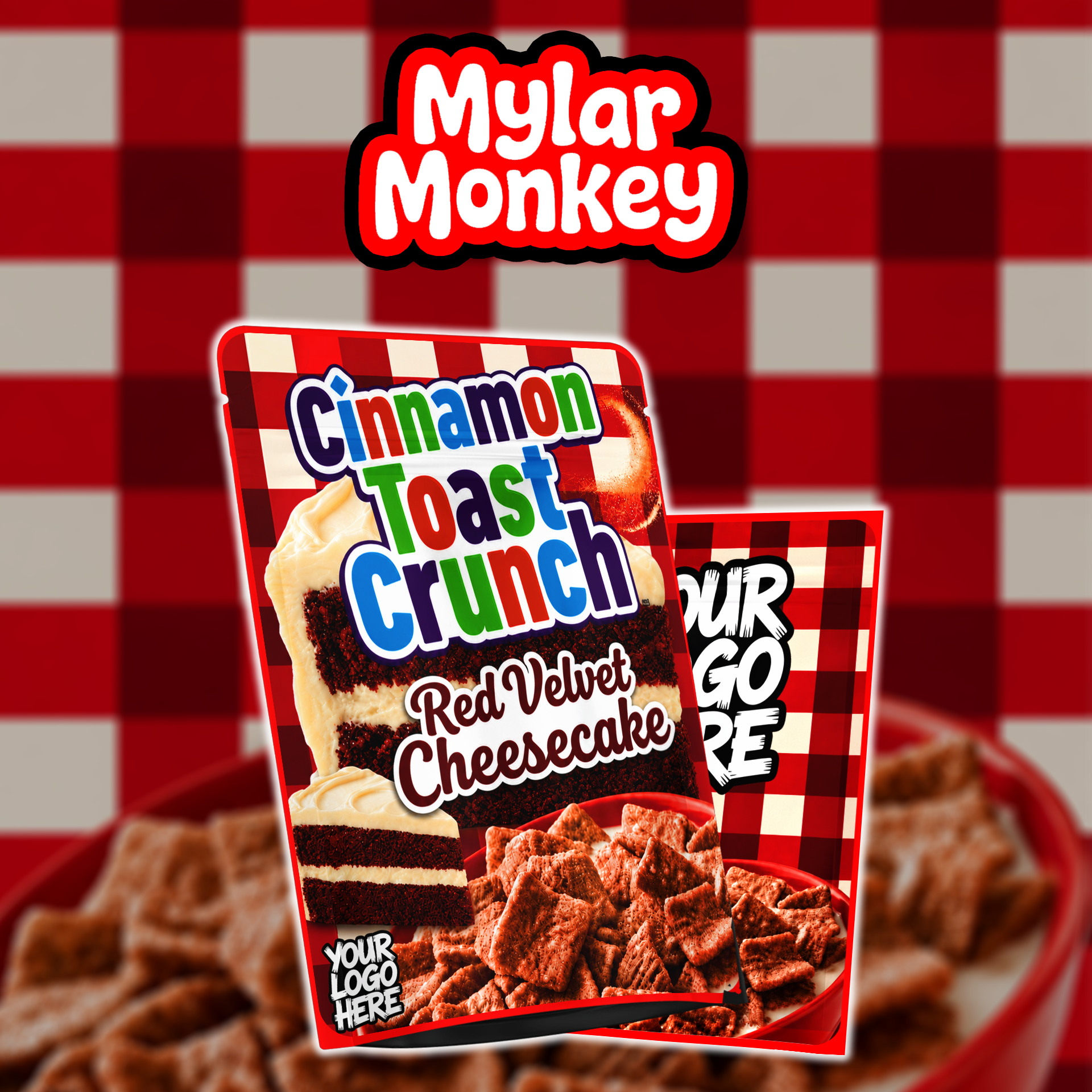 Cinnamon Toast Crunch Red Velvet Cheesecake custom mylar bag design - premade cereal-themed mylar bag printing template by Mylar Monkey