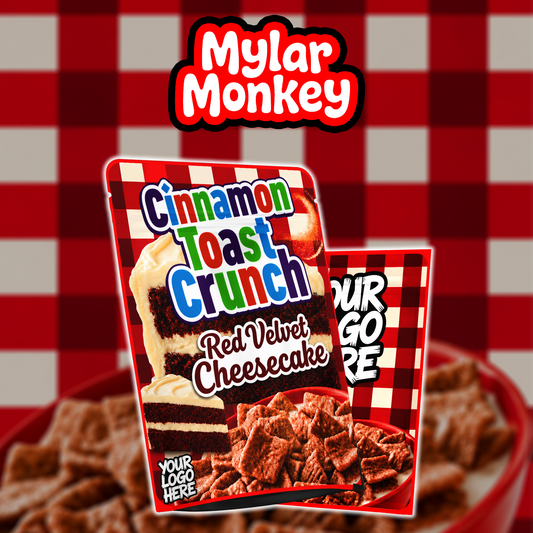 Cinnamon Toast Crunch Red Velvet Cheesecake custom mylar bag design - premade cereal-themed mylar bag printing template by Mylar Monkey